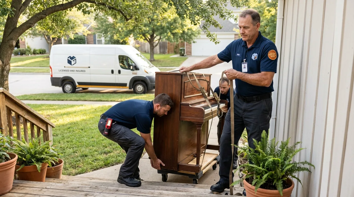 Licensed piano movers securing grand piano in Blair, NE