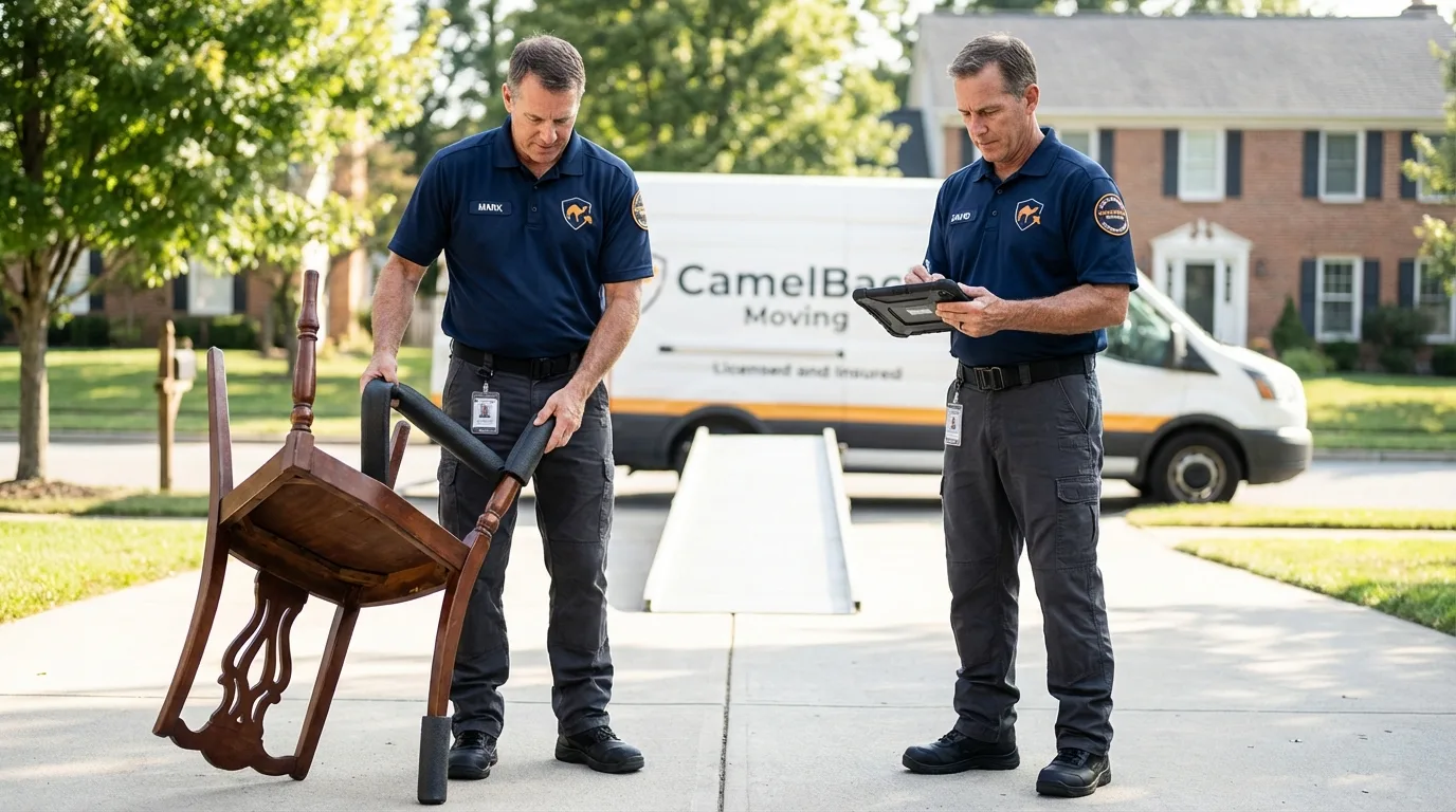 Movers inspecting furniture for damage prevention before loading in Blair, NE